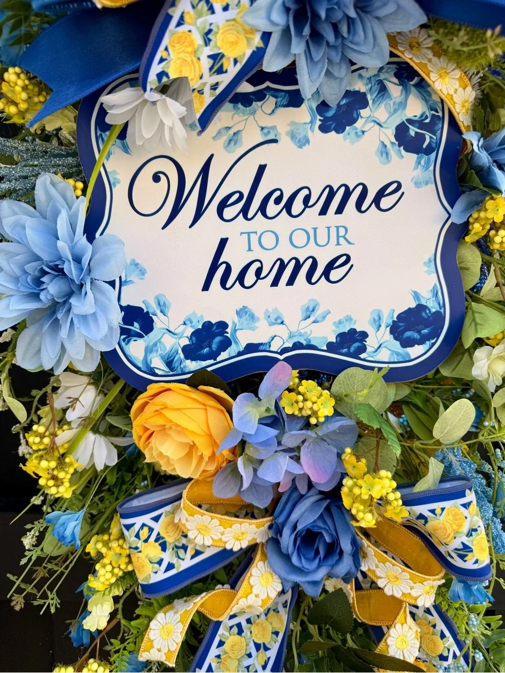 Hand Crafted Blue and Yellow Welcome Home Door Wreath